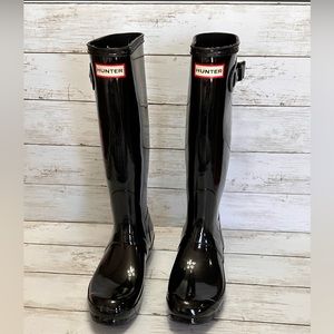 Hunter Glossy Shiney Tall Adjustable Black Boots Size 7 Womens